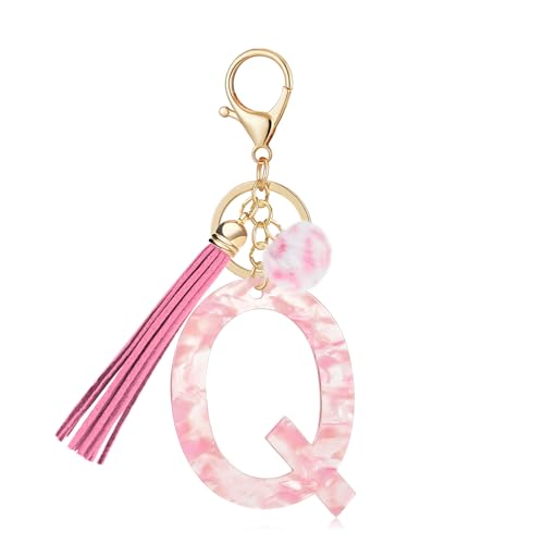 OKAICEN Pink Faux Tortoiseshell Pattern Initial Letter 'Q' Keychain for Women Girls, Leopard Print Acrylic Alphabet Key Ring with Tassel & Pom Pom, Bag Charm for Car Keys Handbag Backpack Purse