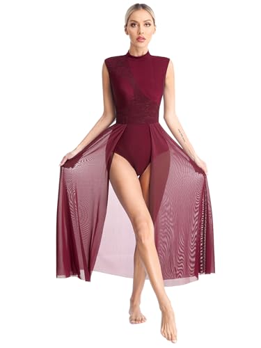 Xnihocha Disfraz de danza lírica para mujer sin mangas, vestido de ballet, vestido maxi de tul, moderno y contemporáneo, traje de gimnasia, traje de escenario, traje de baile, granate, S