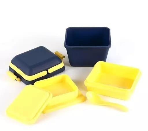 Image of Airtight Lunch Boxes Set - Buy 1 Get 1 Free + Free Pillar | 3-Compartment Tiffin with Handle & Push Lock | Plastic Lunch Boxes for Kids, Office & Travel (Blue & Grey) Lunch box 011 blue&grey