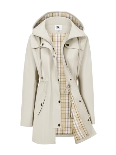 SaphiRose Women's Long Rain Jacket Waterproof Rain Coat with Hood Outdoor Light Raincoats Windbreaker(Beige/Plaid,S)