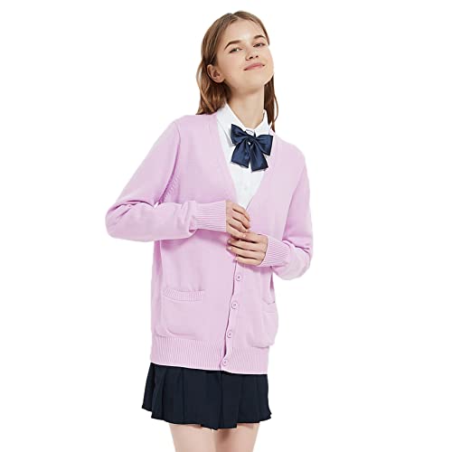 Image of Blostirno Women's Cardigan School Uniform Sweater Cardigans V-Neck Long Sleeve Button Down Knit with Pockets