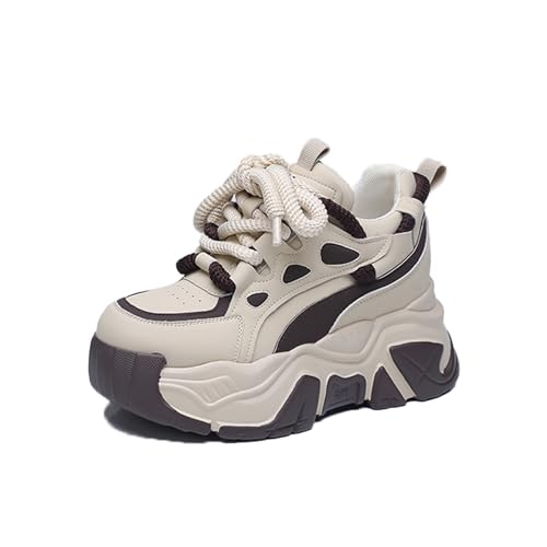 KCTRFSJ Women's Lace-up Chunky Platform Casual Sneakers,Fashion Round Toe Low Top Breathable Dad Shoes,Comfortable Non-Slip Height Increase Sport Shoes