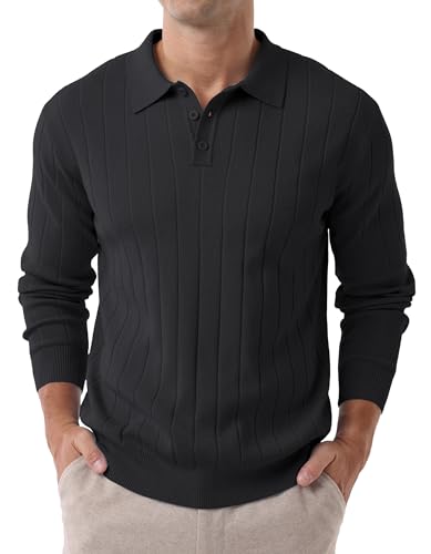 Hisir Suéter tipo polo de manga larga para hombre, suéter de punto de invierno, ajuste regular, casual, clásico, con rayas verticales, A01 negro, XL
