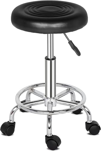 TactFire Sgabello con Ruote Regolabile in Altezza in Pelle PU, Sedia da Lavoro Imbottita con Cuscino in Pelle, per Bar, Casa, Parrucchiere,Ufficio (Nero)
