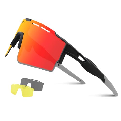 OULIQI Fahrradbrille Herren Damen Polarisierte Sonnenbrille, Sportbrillen TR90 Unbreakable mtb，UV400 Schutzbrille Sportbrille Schnelle brille mit 3 Wechselgläser für Radfahren Laufen Golf Baseball