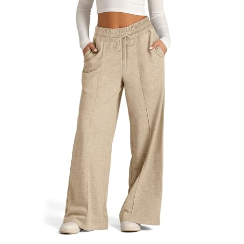 EIRUKON Pantalon Chandal Mujer Anchos Pantalon Deporte de Jogger Pantalones Elásticos de Cintura Alta con Cordón y Bolsillos Suaves Ligeros Pantalón,Caqui,XXL