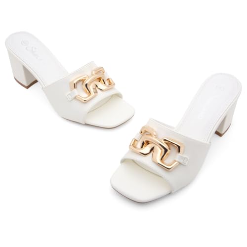 Shoe Land Women’s Low Block Heels 2025 – Square Open Toe Slip-On Mules with Metal Chain, Comfortable Chunky Dressy Heeled Slides for Wedding, Office, Party & Everyday Wear2