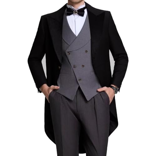Men's 3 Piece Tuxedo Suit Formal Swallow Long Tailcoat Performances Party Wedding Double Breasted Vest Pants M Black