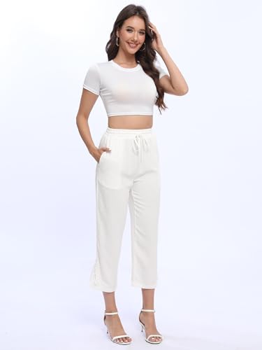 Women Casual Capri Pants with Lace Detail, Linen Blend Pants Cropped Trousers for Summer2