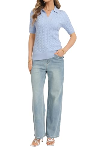 Image of QUALFORT Cable Knit Women's Short Sleeve Sweater Soft V Neck Polo Tops