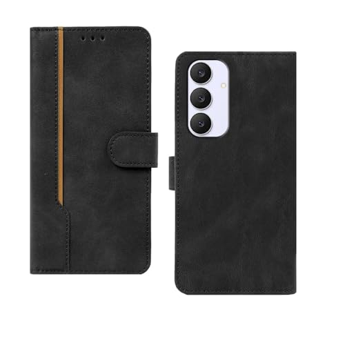 Image of amazon basics Samsung Galaxy S25FE 5G Flip Cover | Card Pockets Wallet & Stand | Flip Cover for Samsung Galaxy S25FE 5G (Black with Beige Strip)