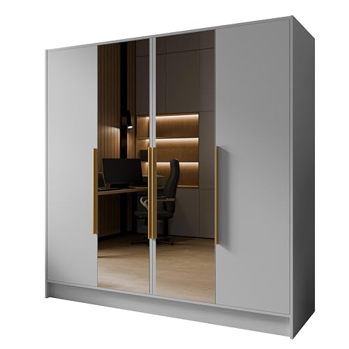 Margaret Hadas24 Drehtürenschrank Goya Kleiderschrank, Spiegel, Griffen, Push-to-Open Tip-ON, großer Stauraum, Regale, Glatte Türen (weiß, goldene Griffe, mit Spiegel, 200 cm)