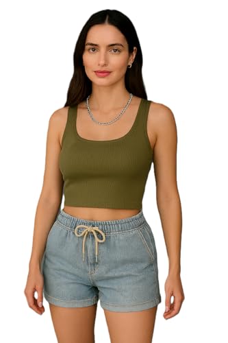 Image of 95% Cotton, 5% Lycra Women's and Girls Solid Ribbed Square Neck Tank Top | Tanktop for Women | Sleeveless Top | Crop Tanktop | Ribbed Tank Top
