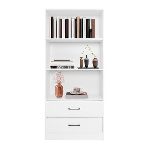 CuCummoo 5 Ebenen Bücherregal, Standregal offenes, Bücherschrank mit 2 Schublade, Regal für Büro Wohnzimmer Küche, 60 x 24 x 125cm