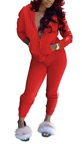 LROSEY Women Tracksuit Long Sleeve Zip Up V Neck Top Hoodies 2 Piece Outfits Striped Skinny Long Pants Set Sport Plus Size Red