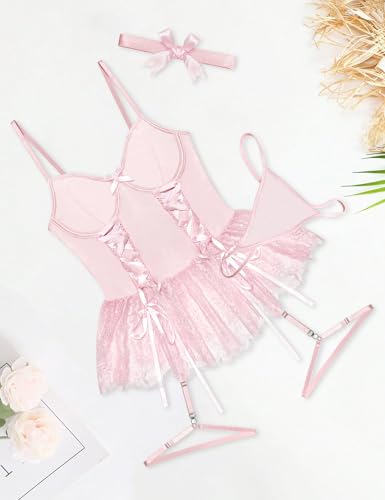 Image of Mixxmix Women Sexy Lingerie Set Naughty Lace Up Corset Bodysuit Underwire Lingerie Babydoll With Garter Belt and Bow Tie