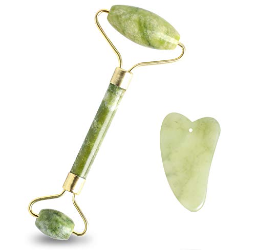 2 Pieces Jade Roller and Gua Sha Scraping Massage Tools - 100% Real Natural Aventurine Jade Roller anti Aging and Wrinkles for Face, Eye, Neck, Body Massager SkinCare (Green)