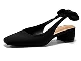 Coutgo Womens Chunky Low Heels Bow Slingback Pumps Closed Square Toe Wedding Party Dress Shoes, Black, Size 9