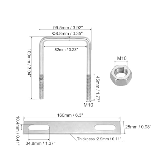Image of PATIKIL M10x80x100mm Square U-Bolts Kit, 2Set 304 Stainless Steel Square U Shaped Bolts Replacement Parts with Frame Plates and Nuts for Ski Board Sailboat Trailer