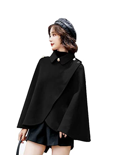 XINMAIKE Women's Wool Blend Capelet Capes Hooded Warm Poncho In winter (Black 01)