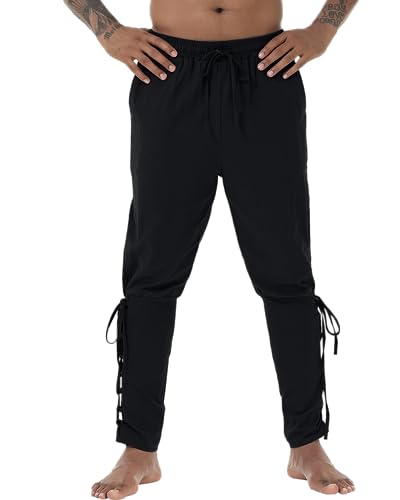 NANAMEEI Pantalon Medieval Homme en Lin Grande Taille Pantalon de Pirate Homme avec Cordon Elastique Casual Summer Viking Pants Men Noir XL
