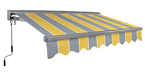 ADVANING Classic Series 12'X10' Manual Retractable Awning, 100% Acrylic UV+ Sun Shade Canopy, Golden Yellow & Gray Stripes, MA1210-A225H