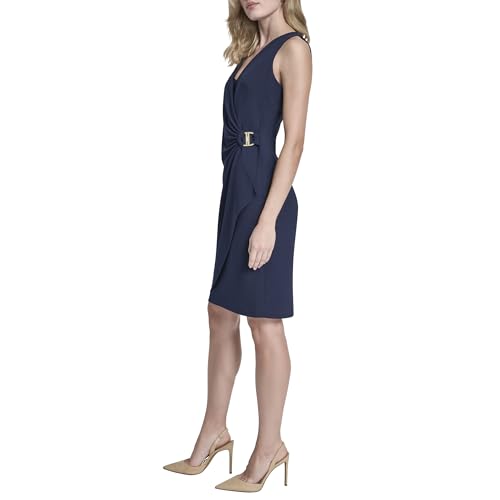 Image of DKNY Women's Sleeveless V-Neck Ruched D Buckle Hardware Faux Wrap Dress