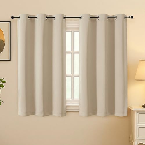 Image of Simplebrand Biscotti Beige Room Darkening Curtains for Bedroom 45 Inches Long 2 Panels Set, Sunlight Blocking Curtains for Small Windows, Grommet Energy Saving Thermal Insulated Short Drapes, 40Wx45L