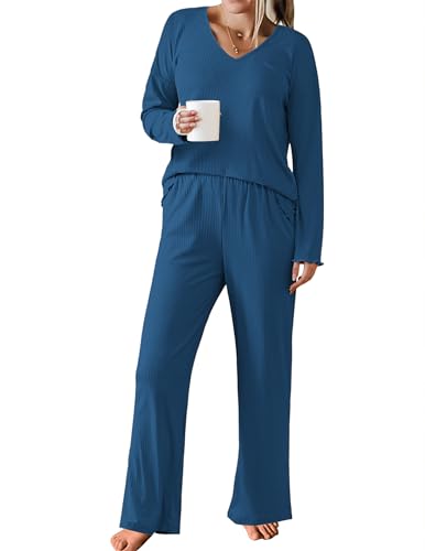 Ekouaer Womens Ribbed Knit Pajamas Set V Neck Long Sleeve Pj Set 2 Piece Loungewear Casual Sleepwear