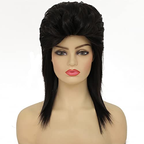 Image of Swiking Black Mullet Wigs for Women Curly Shoulder Length Fluffy Hair 70s 80s Rocker Party Cosplay Synthetic Wigs (Black)