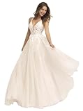 HUINI Spitzen Tüll Brautkleid Langer V Ausschnitt A Linie ärmellos Strand Hochzeitskleid für die Braut mit Schleppe Elfenbein 42