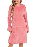 Vlazom Chemise de Nuit Femme en Flanelle Robe de Nuit à Col Rond avec Poche Ventrale Chaude，Rose，M