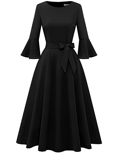 Black Modest Dresses for Women 3/4 Sleeve Vintage Dresses for Women Party Formal Fall Wedding Guest Dress Modest Church Dress Black L