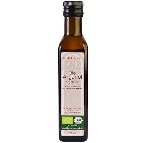 Huile d'argan biologique Huile alimentaire pressée à froid rôtie Arganadir du Maroc, 250 ml ✔ 100% végétalien pur ✔ pour la cuisine, les salades et...