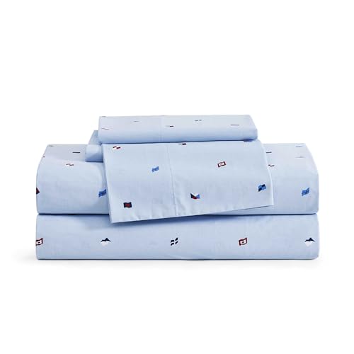 Image of Tommy Hilfiger - King Size Sheet Set, Soft Cotton Percale Bedding with Crisp Cooling Comfort, Deep Pocket Fitted Sheet with Matching Pillowcases, Americana Decor (Nautical Flag Blue)