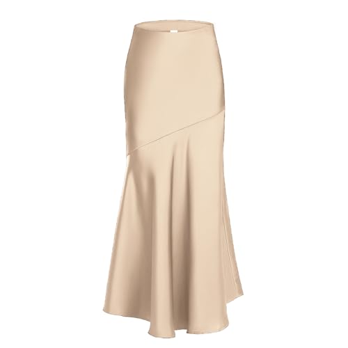 Womens High Waisted Satin Midi Skirts Elegant A Line Elastic Waistband Silk Skirt Cocktail Mermaid Skirts