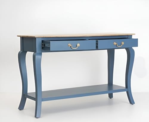 Image of Wooden Console Table with 2 Drawers, Natural Wood Top, Curved Legs, Entryway Sofa Table, Sheesham Wood Study Table with Shelf Storage, 46Lx17Wx30H Inches. (Denim Blue)