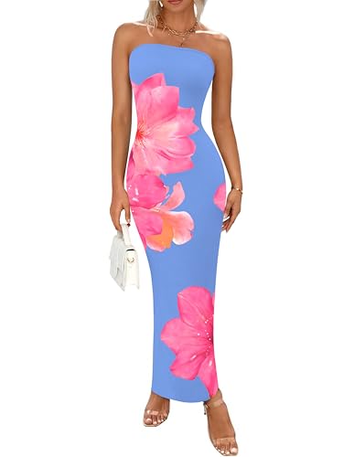 PRETTYGARDEN Women Summer Strapless Maxi Dress Bodycon Floral Sexy Long