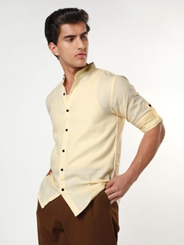 Image of Urbano Fashion Men's Linen Blend Full Sleeve Relaxed Fit Mandarin Collar Casual Solid Shirt