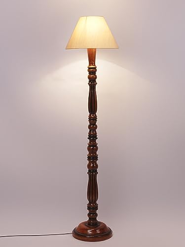 Image of Floor Lamp with Wooden Base - Height 55 inch, Light Tan | Modern Standing Lamp for Living Room, Bedroom & Office | Stylish & Elegant Home Lighting Decor | Decorative Lamp