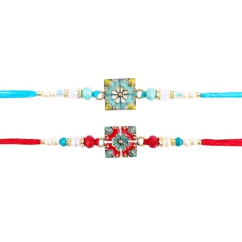 Image of Meenakari Rakhi Set of 2 with Pearl Beads, Red and Teal For Bhaiya