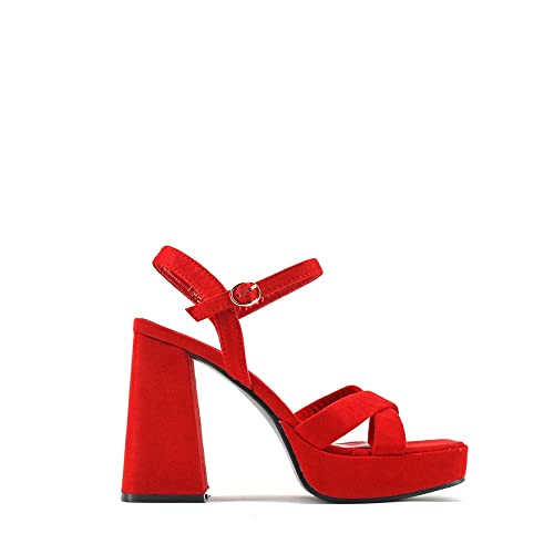MODELISA - Sandalia Tacón Ancho Con Plataforma Hebilla Pulsera Tobillo Mujer (Rojo, numeric_38)