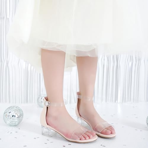 Image of Dufannie Girls Sandals Low Heels Dress Pump Ankle Strap Open Toe Flower Girl Wedding Party for Toddler Little Big Kid