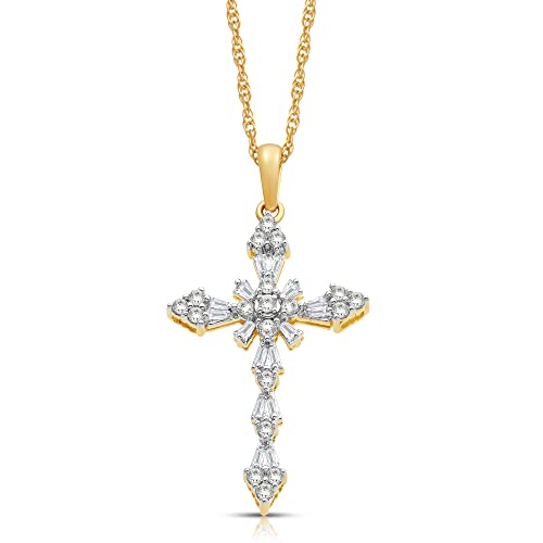Jewelili 10K White/Yellow Gold Cross Pendant Necklace for Women | 1/2 CTW Natural White Round & Baguette Diamonds | 18
