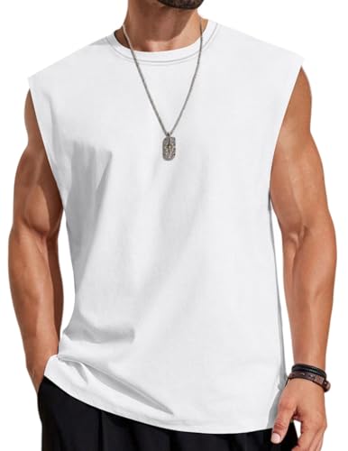 COOFANDY Mens Casual Tank Tops Cotton Cut Off Sleeveless Shirts Breathable Tank Shirts Gym Muscle Loose Fit Tee White XL