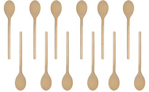 10 Inch Long Wooden Spoon Set by BICB | Natural Beechwood Mixing Spoons for Baking, Cooking & Stirring | Set of 12 Long Wooden Spoons | Cookware Sauce Spoons | Wood Mixing Spoon Set