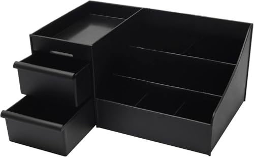 Image of PAXCOO skin care organizer, makeup desk organizer with drawers, countertop organizer for cosmetics, vanity brush with holder for lipstick, brushes, eyeshadow and jewelry desktop finish dresser-Black