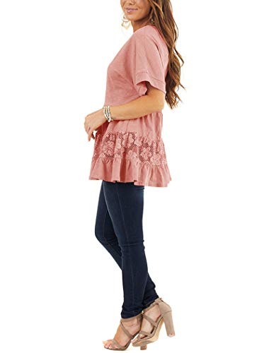 Prettoday Women's Summer Lace Short Sleeve Shirts Babydoll Crew Neck Tops Floral Loose Swing Blouses Pink #TOP1