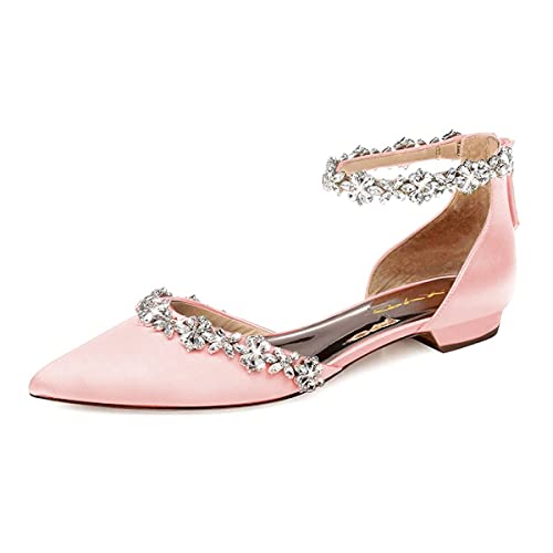 Image of XYD Women Classic Pointed Toe D'Orsay Wedding Flat Sandals Sparkly Rhinestones Ankle Strap Low Heel Dress Shoes with Zipper