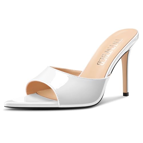Image of TNYNFBEB Womens Stiletto High Peep Open Pointed Toe Sandals Mules Shoes Slip-on Slingback Office Party Dress Patent Leather Summer 3.9 Inches Heels